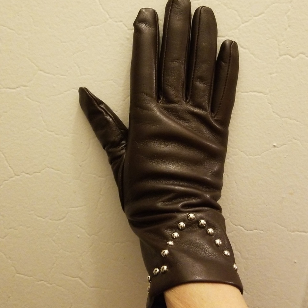 STUDDED BROWN LEATHER GLOVES W/CASHMERE LINING